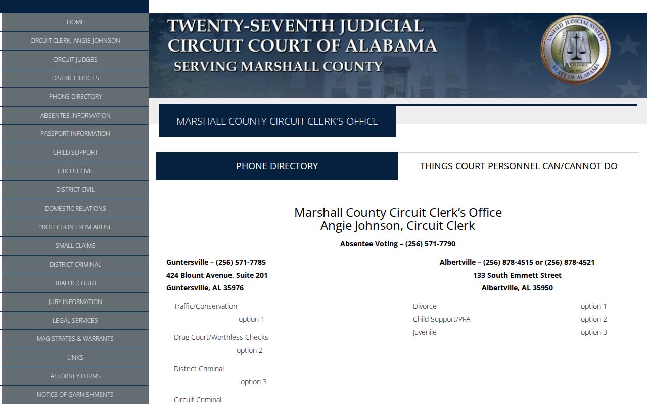 Marshall County court docket clerk division phone directory