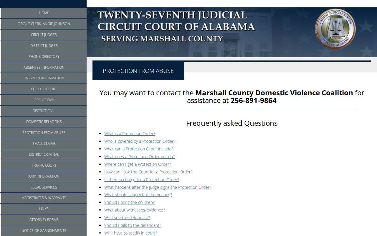 Marshall County court schedule protection from abuse hearing guidance