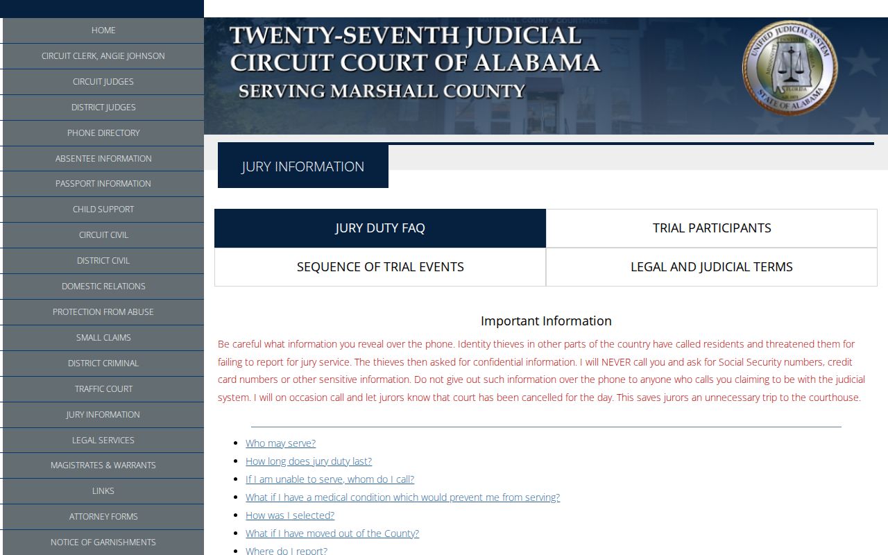 Marshall County court schedule and court process information