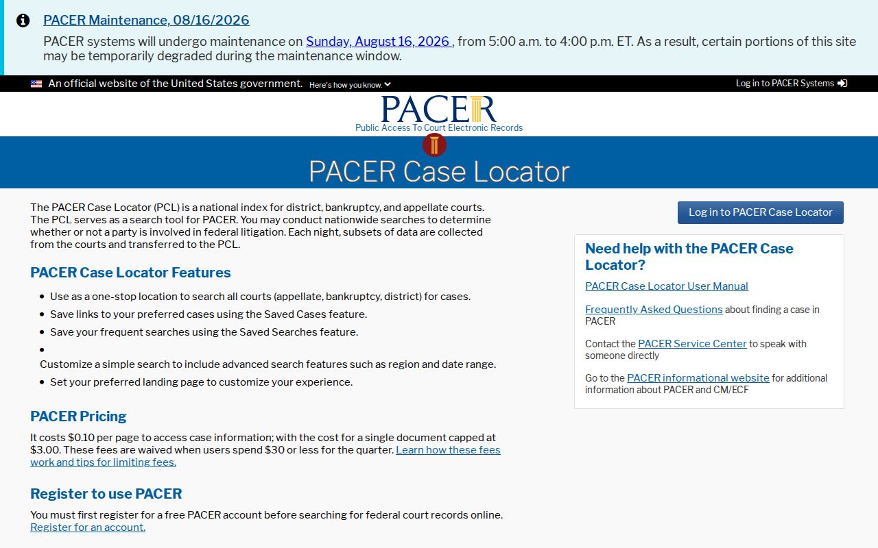 Marshall County federal docket search through the PACER Case Locator