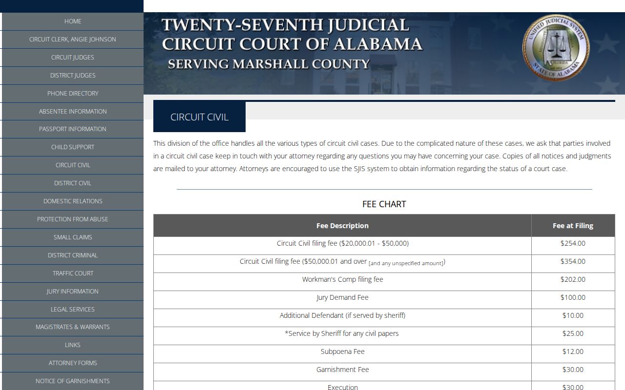 Marshall County civil docket Circuit Civil guidance