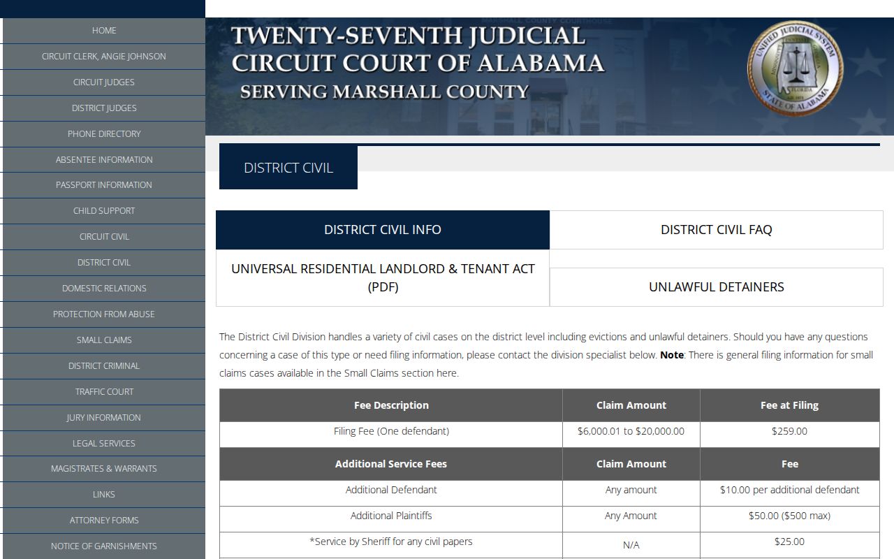 Marshall County civil docket District Civil guidance