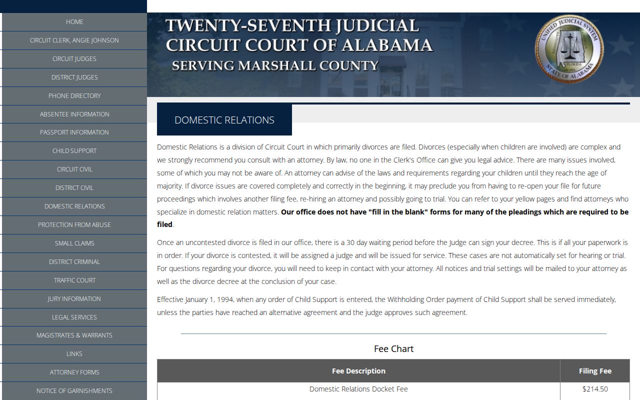 Marshall County civil docket Domestic Relations division