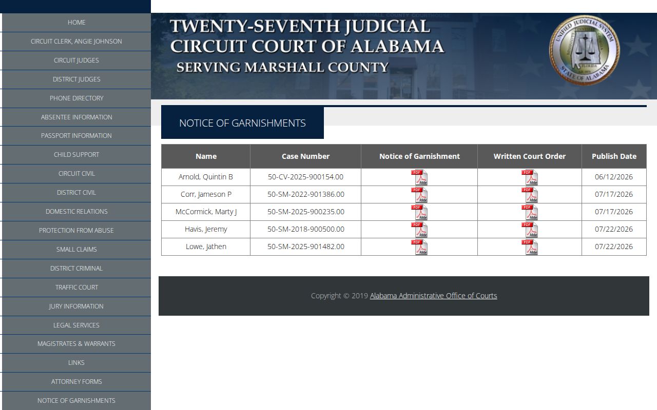 Marshall County civil docket garnishment notice and case number fields