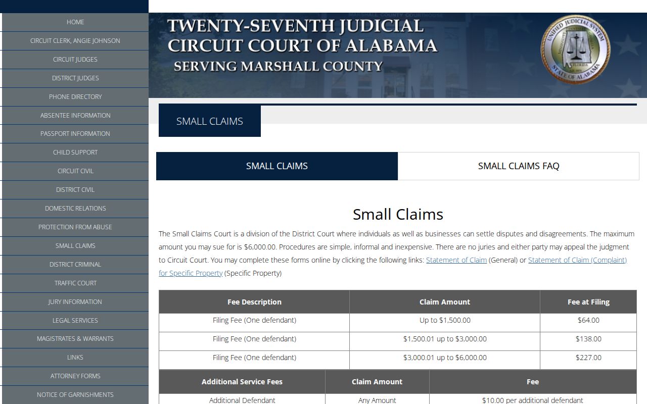 Marshall County civil docket small claims procedures
