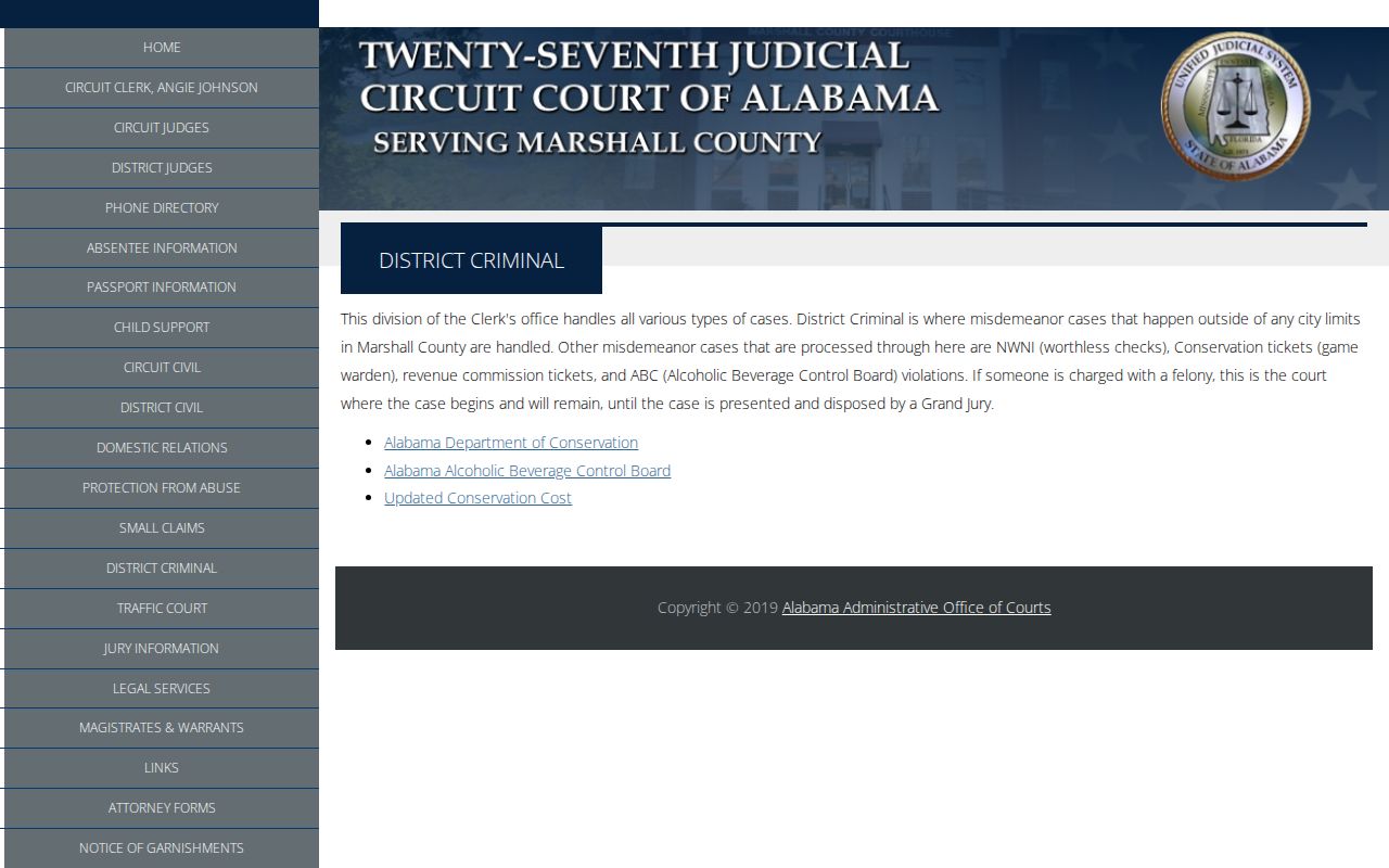 Marshall County criminal docket District Criminal jurisdiction