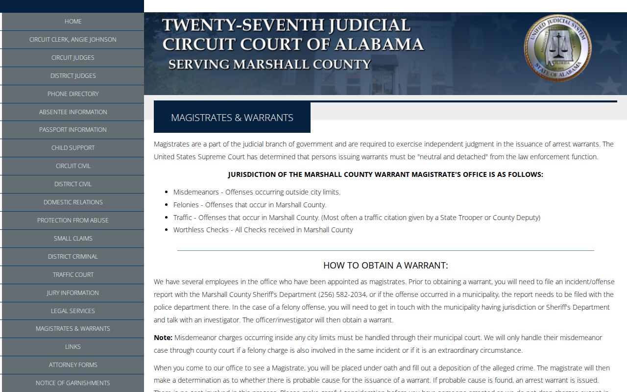 Marshall County criminal docket magistrates and warrants information